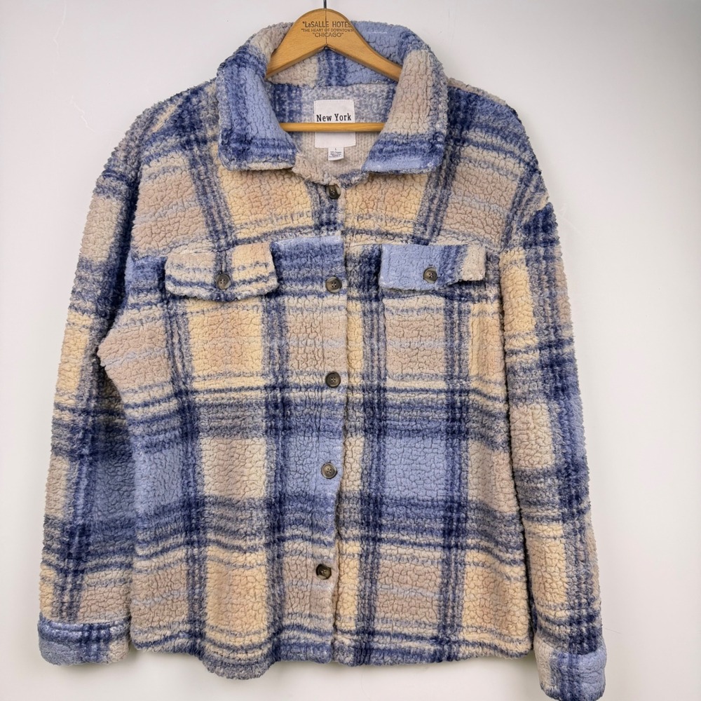 New York Laundry Blue Cream Plaid Sherpa Fleece Lightweight Jacket Large